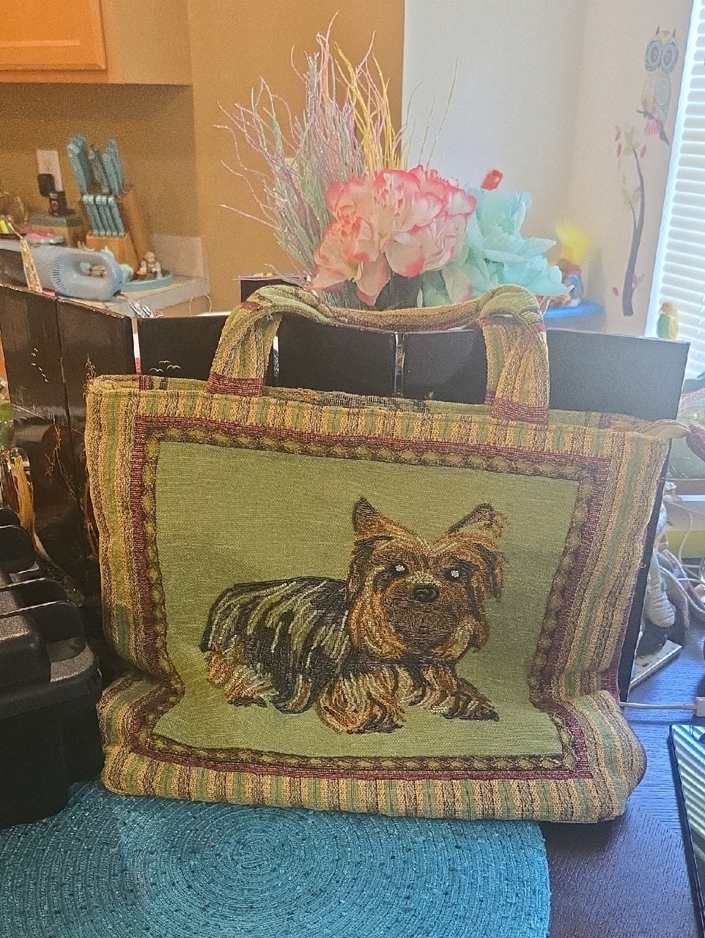 Handmade Green Yorkie Tapestry Tote Bag - Decorative Dog Design
